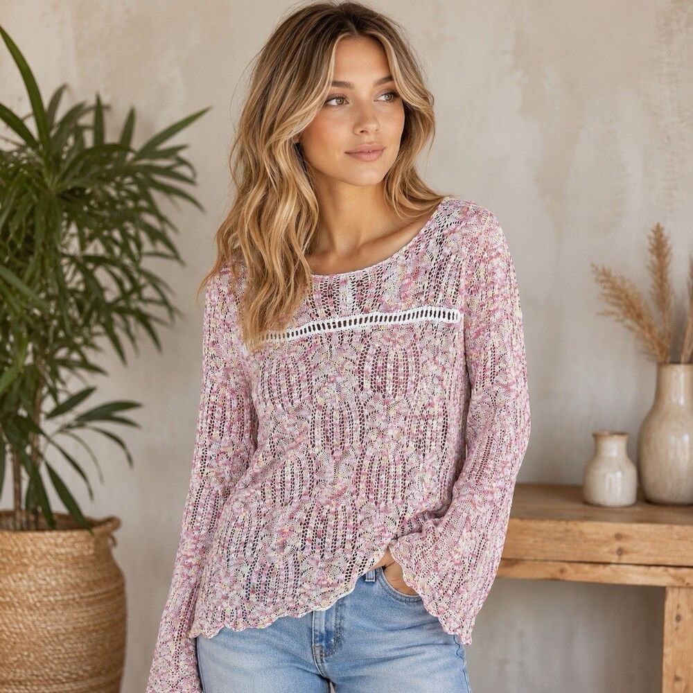 Vintage America Tasha Long Sleeve Crochet Pink Sweater  Women XL New Lightweight